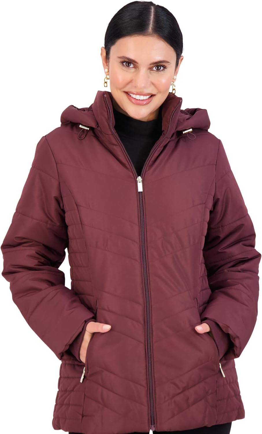 Burgundy puffer jacket with full-zip front and hood