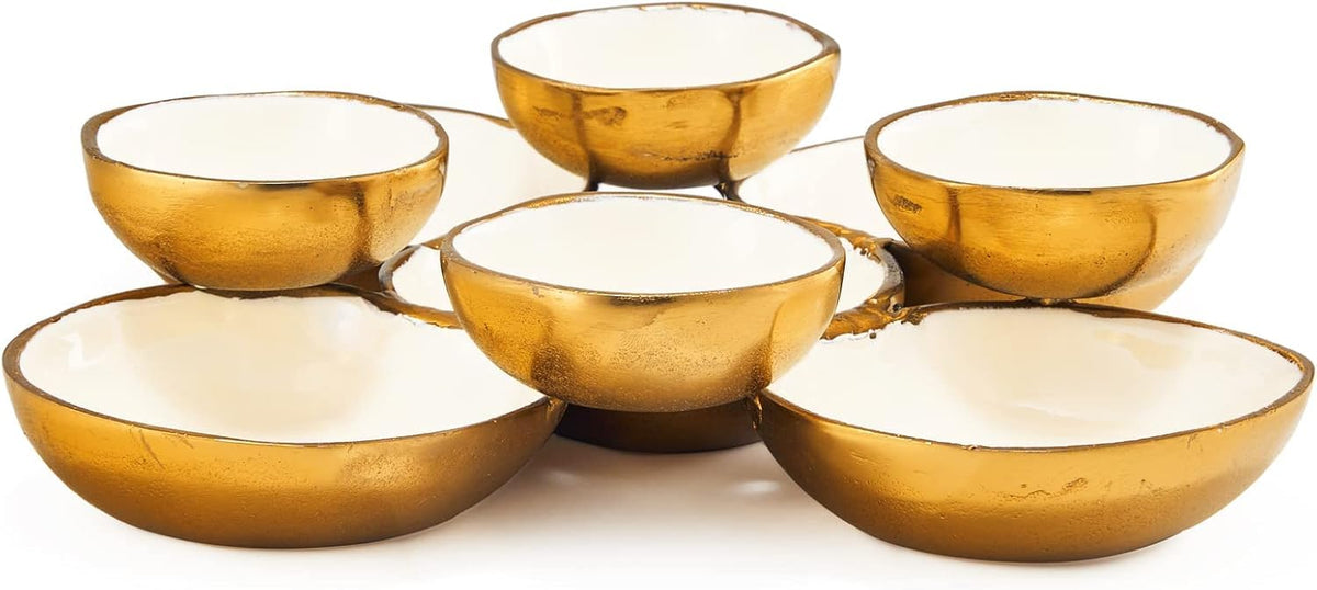 Cluster of 9 round serving bowls with gold finish and white enamel bowls