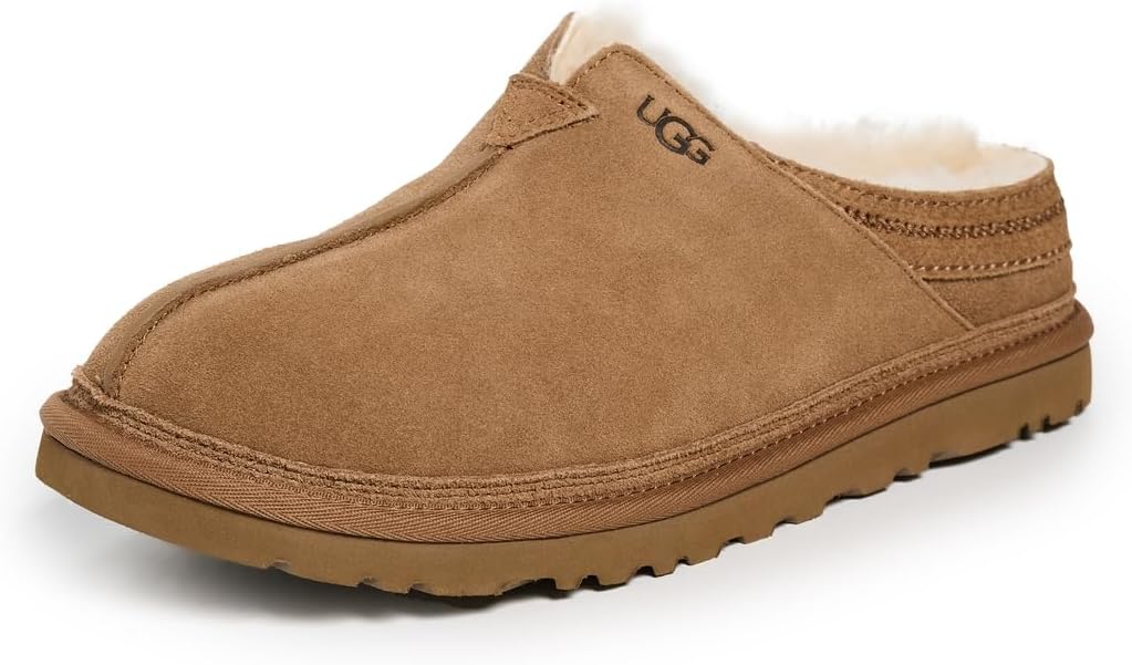 Men's UGG Neuman chestnut-brown suede slippers with fur cuff and textured tread sole