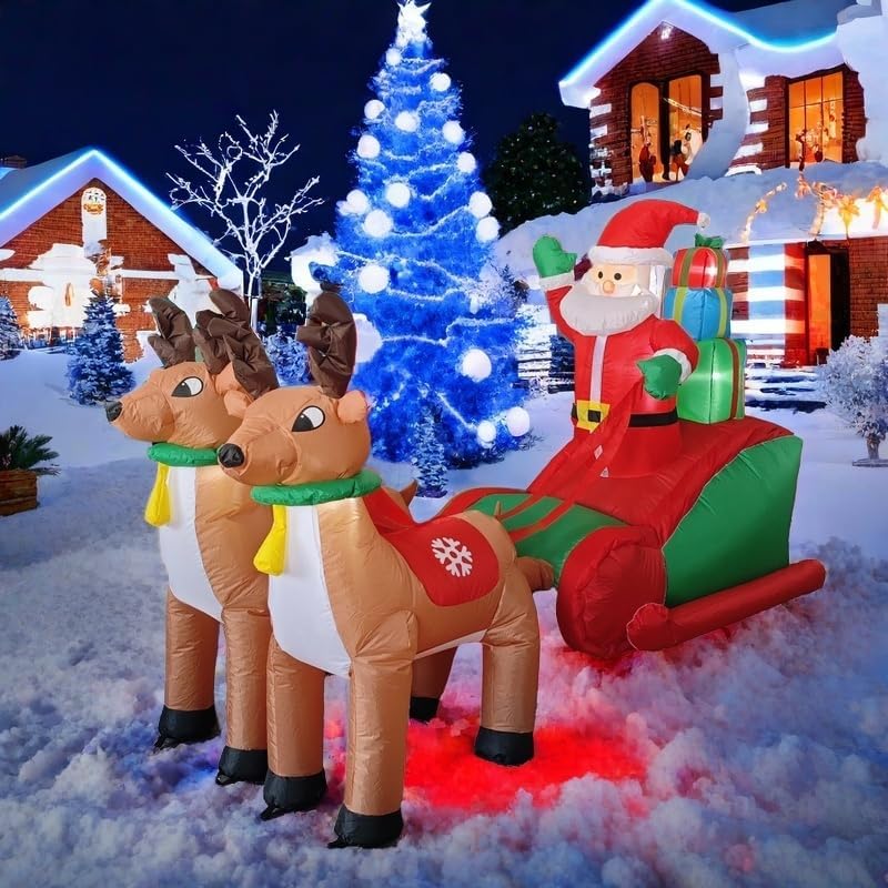 Inflatable Christmas deer pull car with Santa driver and two reindeer figures, bright LEDs