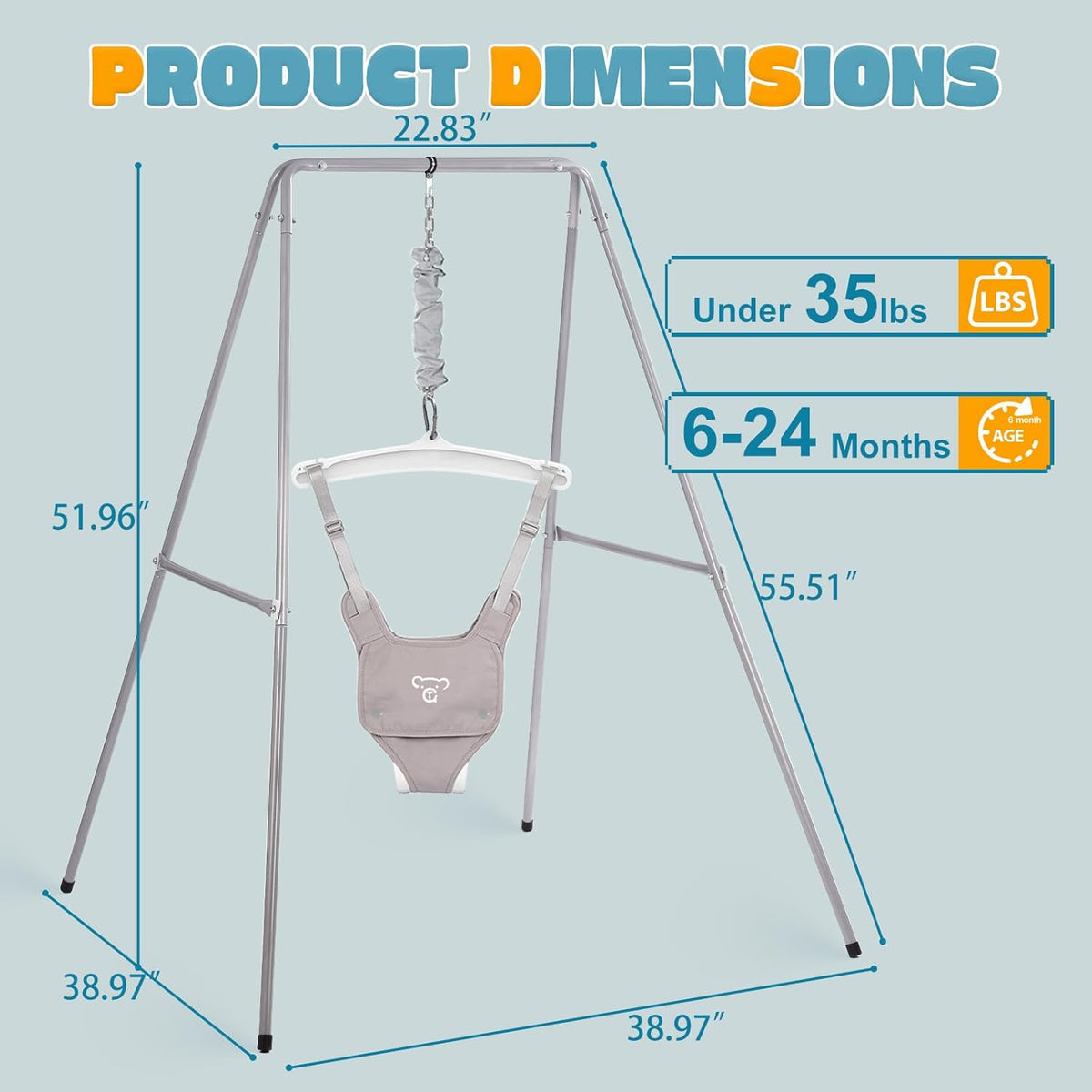 Grey baby jumper stand dimensions with hanging seat harness