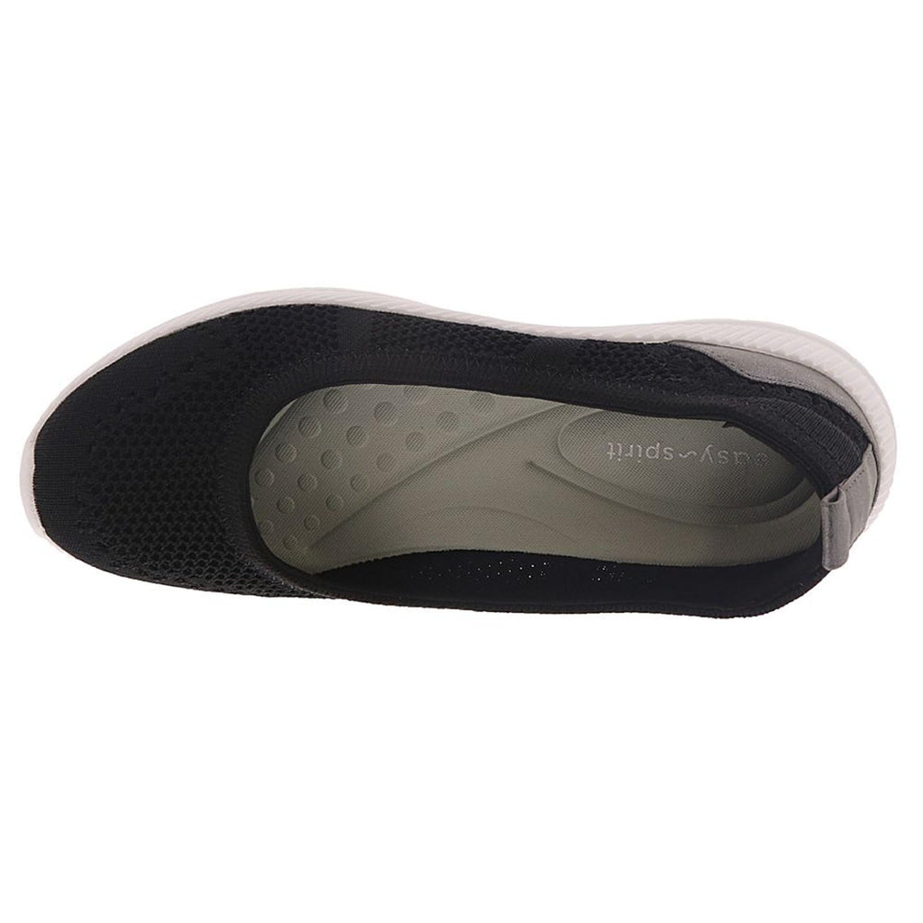 Women's slip-on sneaker showing black interior and gray footbed with molded arch support