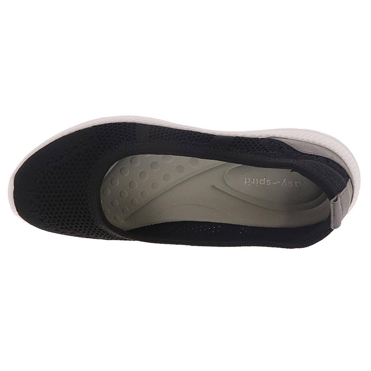 Women's slip-on sneaker showing black interior and gray footbed with molded arch support