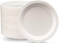 9-inch round white disposable sugarcane paper plates, stack with one plate front
