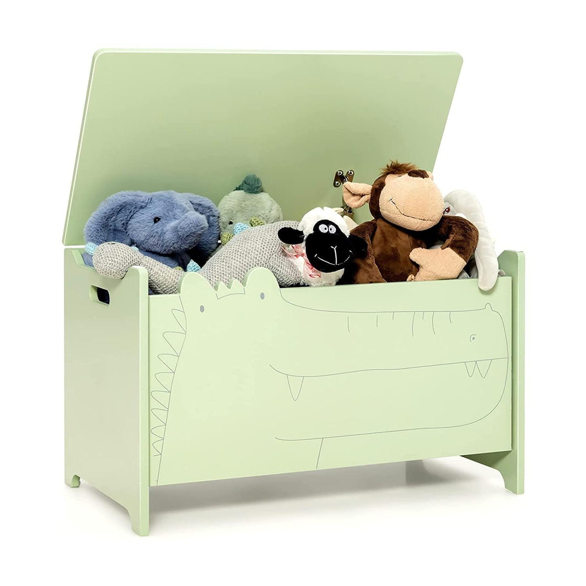 Green wooden kids toy box with safety hinge, lid open with stuffed animals inside.