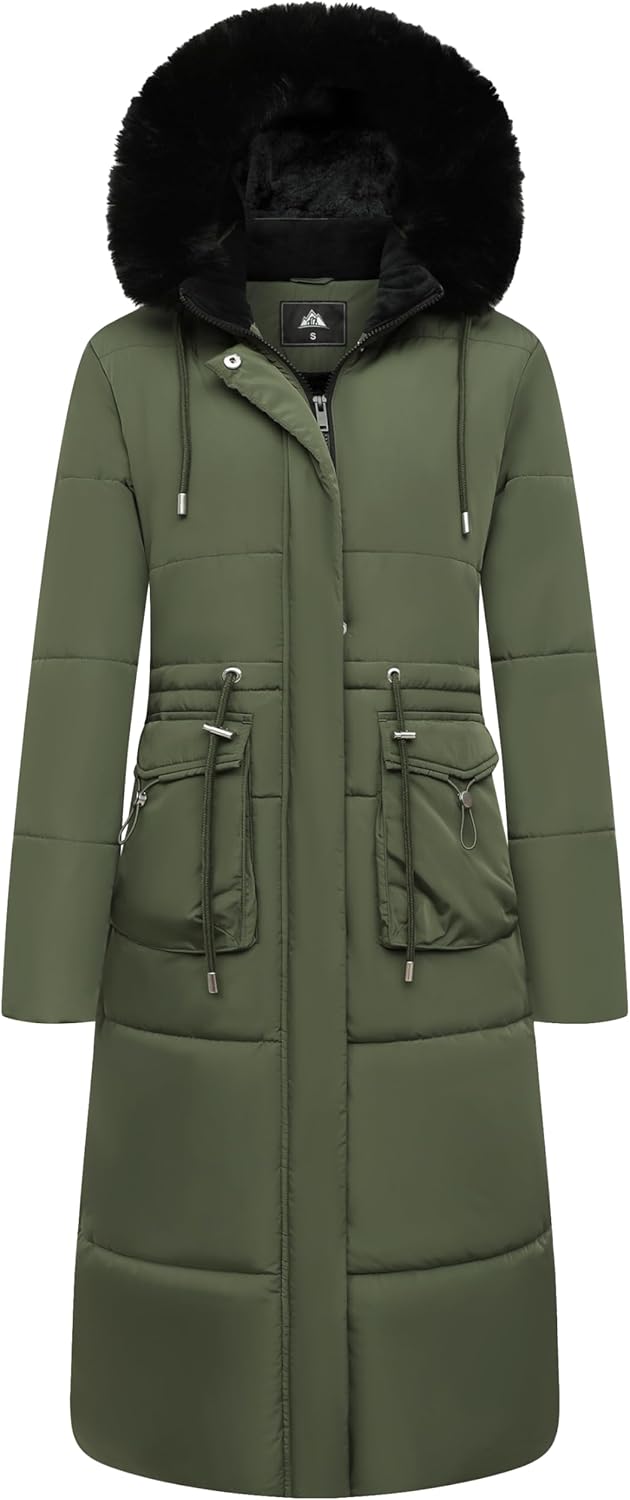 Army green long puffer coat with faux fur hood, zipper front, drawstring waist pockets