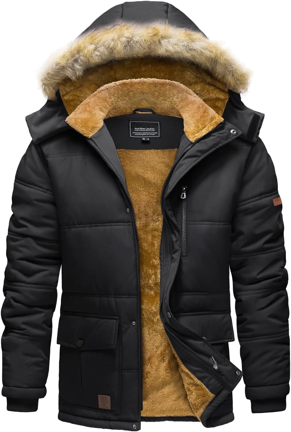 Men’s black winter parka jacket with hood, faux-fur collar, and sherpa lining