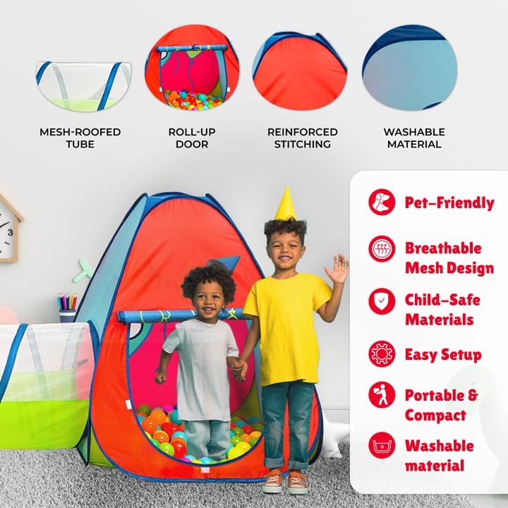 3-piece pop-up kids play tent with tunnel; red, blue, and green with mesh openings