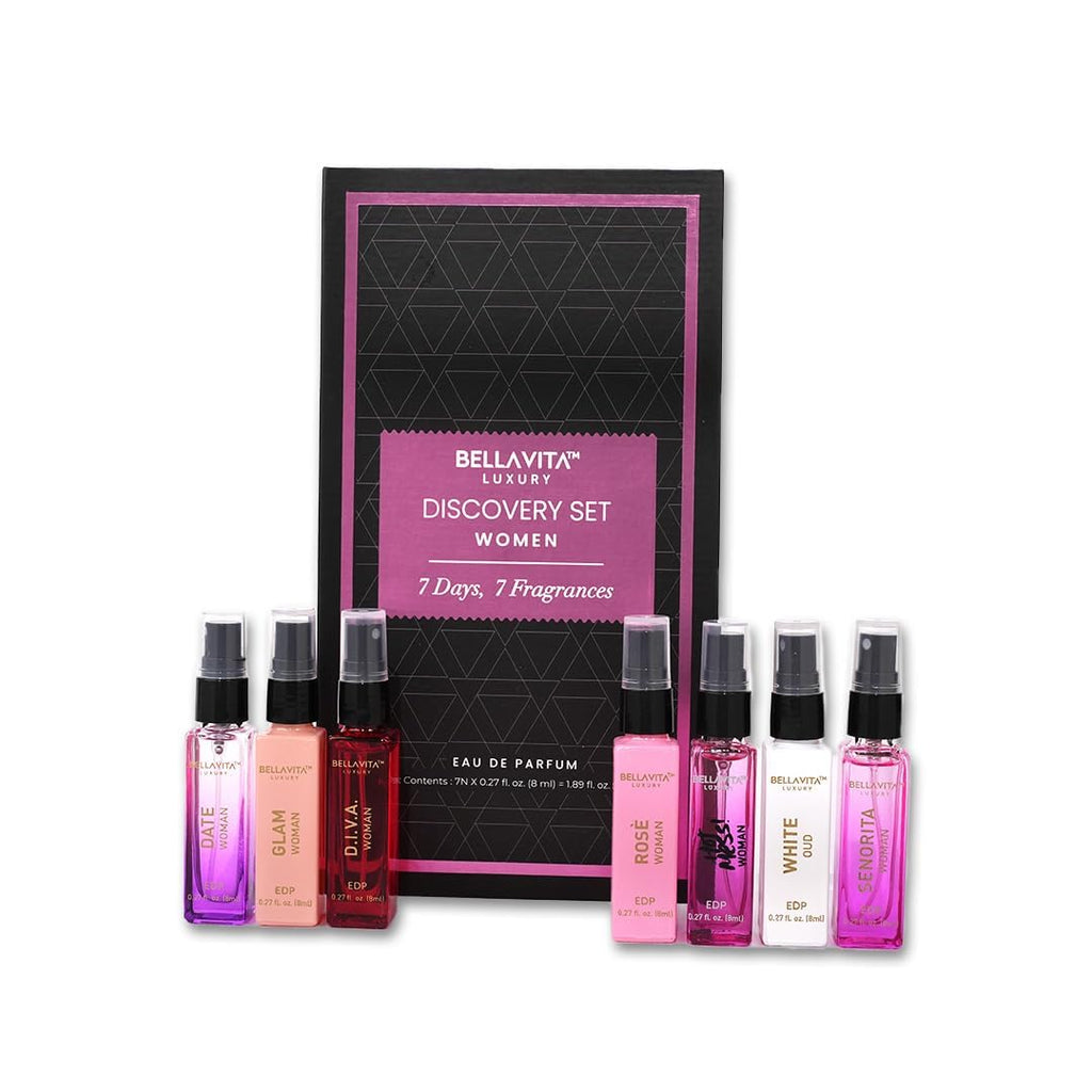 Women’s perfume discovery gift set with black purple box and seven 8ml spray bottles