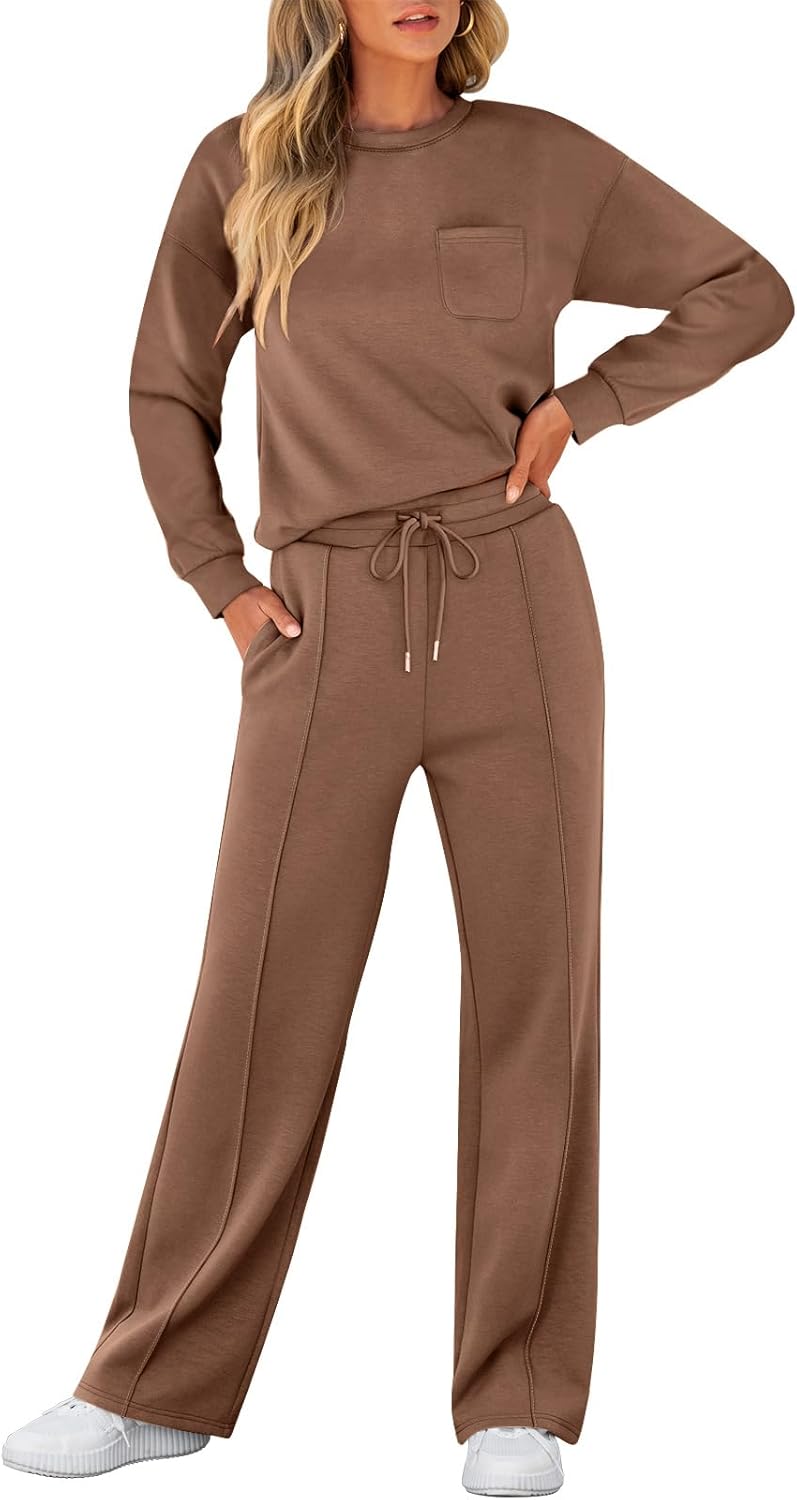 Brown women’s matching sweatsuit set with long-sleeve crewneck pocket top and wide-leg pants
