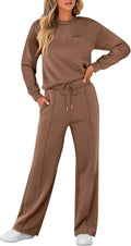 Brown women’s matching sweatsuit set with long-sleeve crewneck pocket top and wide-leg pants
