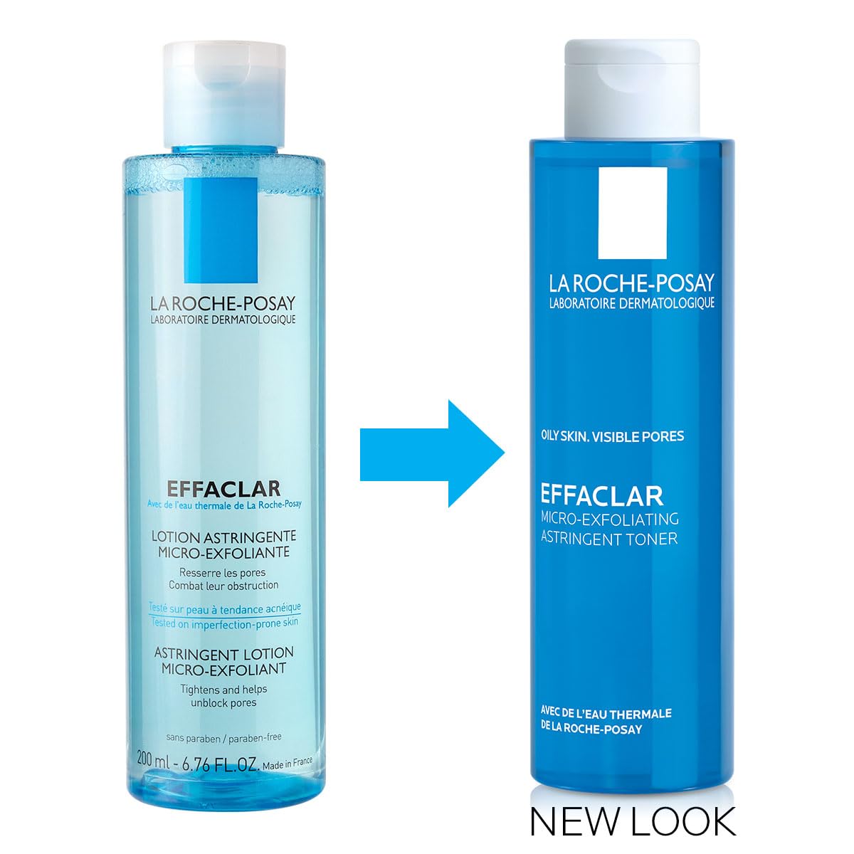 La Roche-Posay Effaclar astringent face toner bottle with blue liquid and white cap.