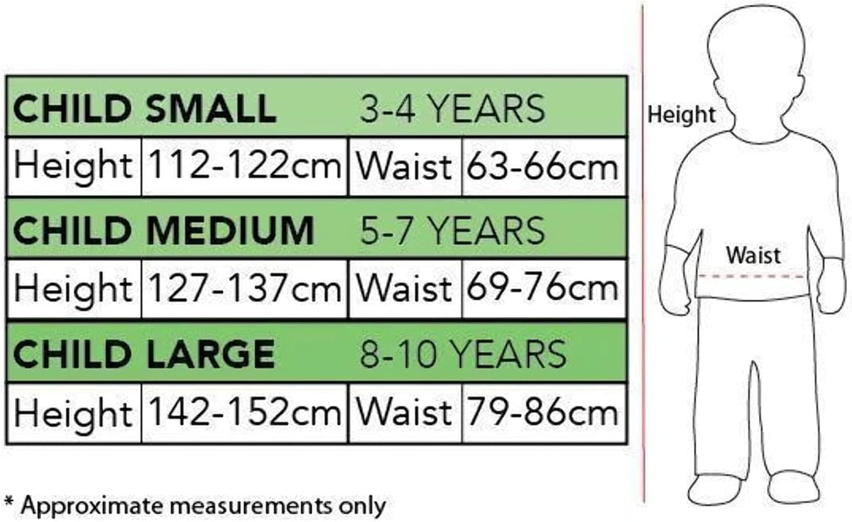 Children's costume size chart for small, medium, large: ages 3-10, height and waist