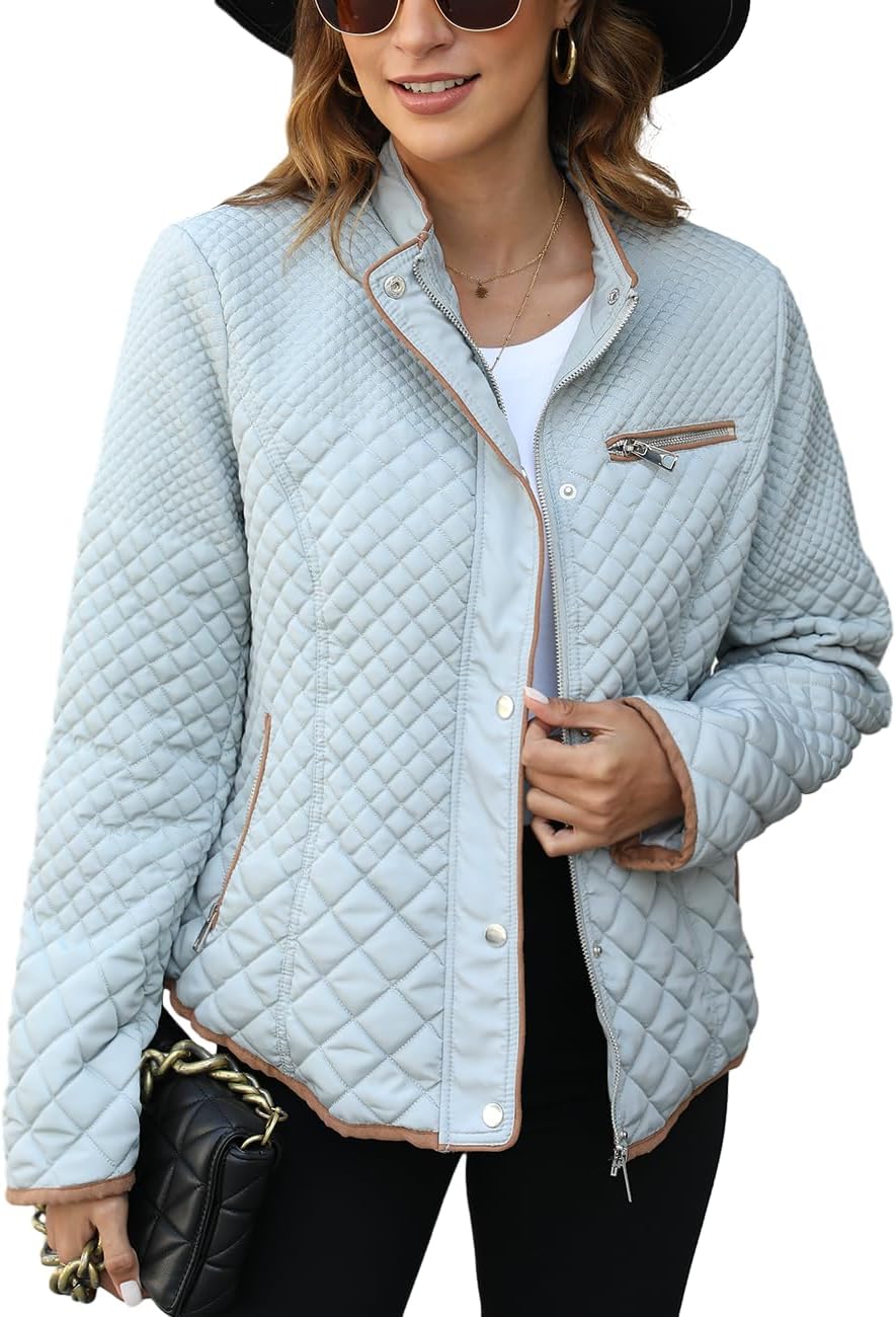 Light blue quilted puffer jacket with stand collar, front zip, long sleeves, side pockets