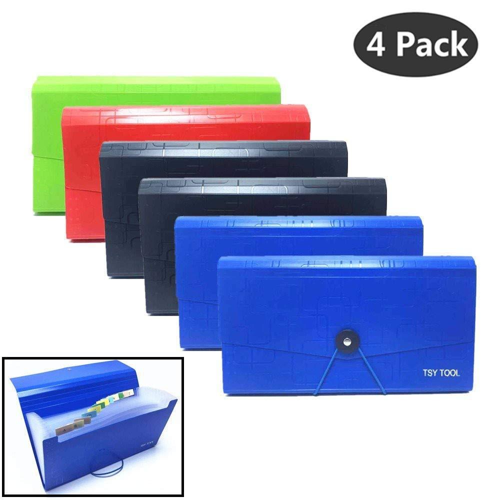 Four expandable file folders stacked, assorted colors with front button-and-tab closure.