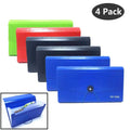 Pack of 4 expandable file folders in assorted colors—green, red, navy, blue, front flap.
