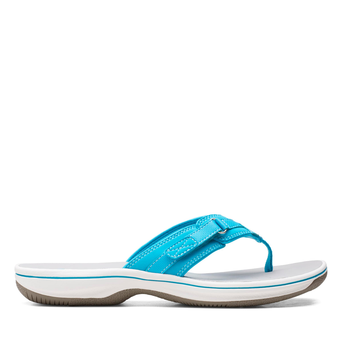Clarks women’s blue flip-flop sandal with double strap and white sidewalls