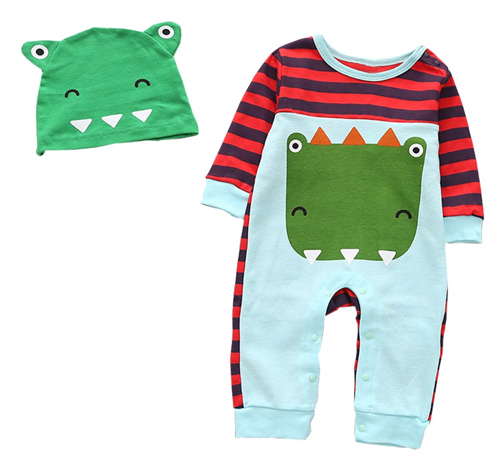 Baby boy long sleeve cotton romper with crocodile face graphic and striped sleeves