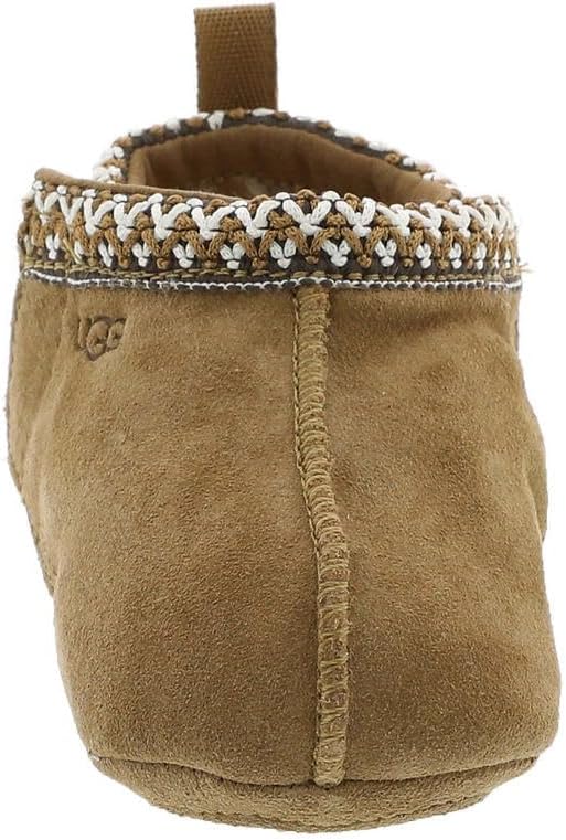 Chestnut baby Tasman beanie slipper top view with braided knit rim and UGG logo