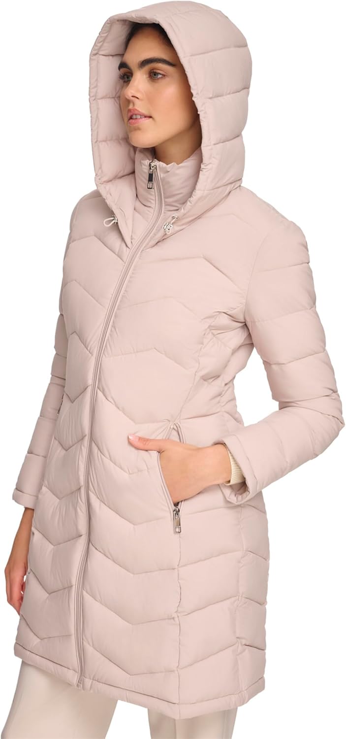 Light blush long quilted bib-front hooded jacket with full zip and side pockets