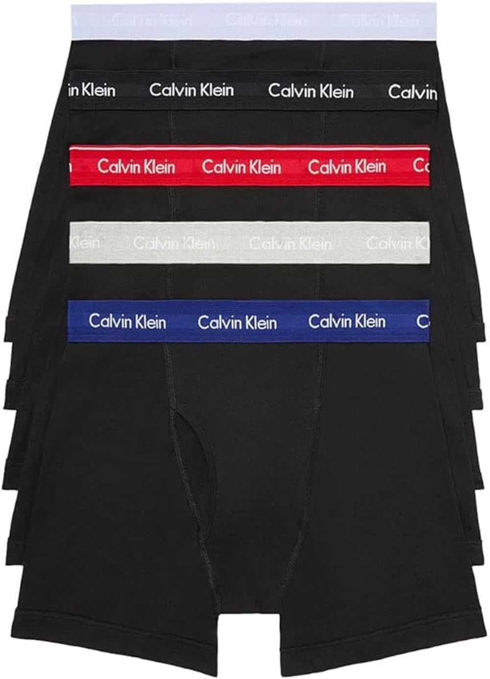 5-pack men's cotton boxer briefs in black with red, white, and blue Calvin Klein logo waistbands
