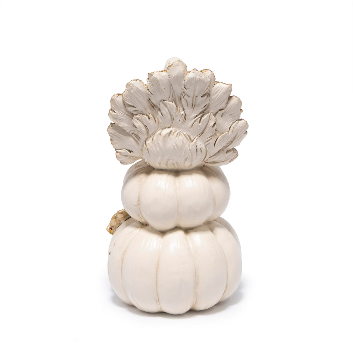 White resin stacked pumpkin turkey figurine with embossed ridges and gold-toned accents