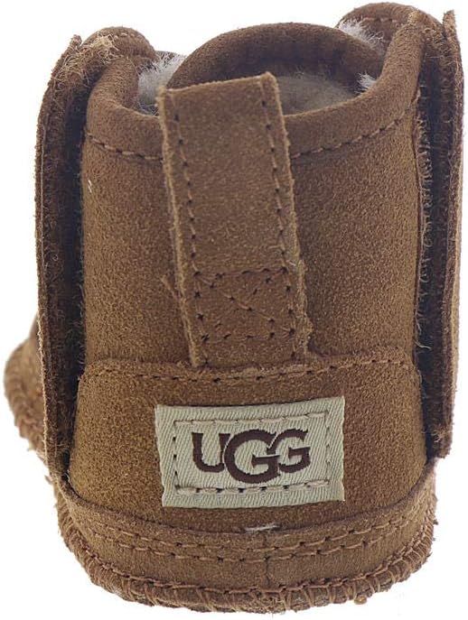 Chestnut suede infant boot heel with UGG patch and stitched seams