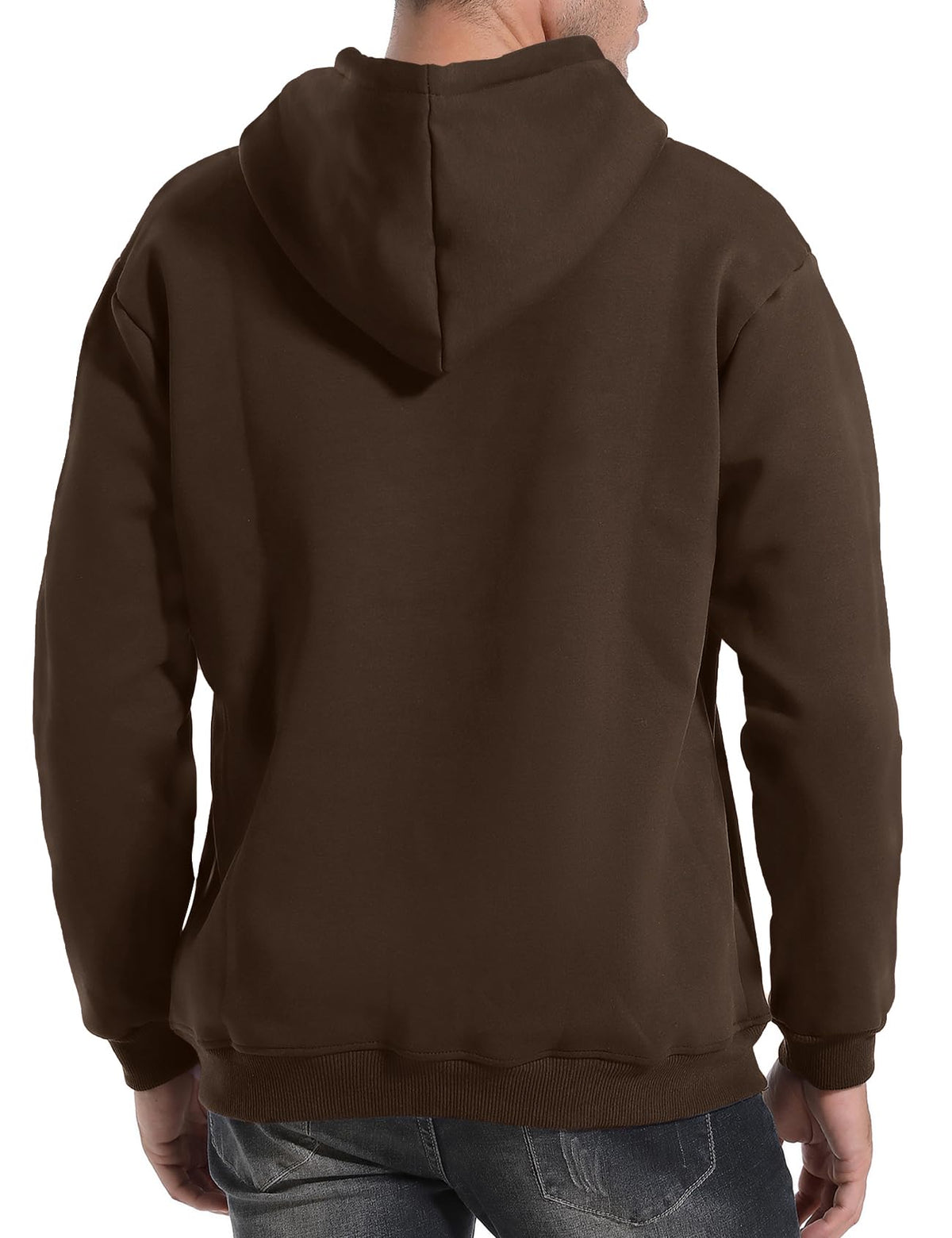 Brown pullover hoodie with hood and kangaroo pocket; back view.