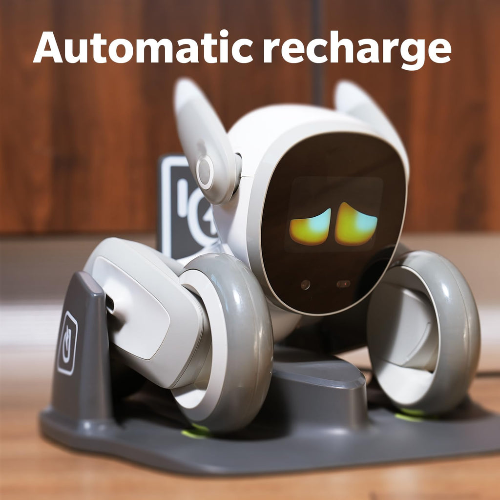White robotic dog resting on a charging dock with lit eyes