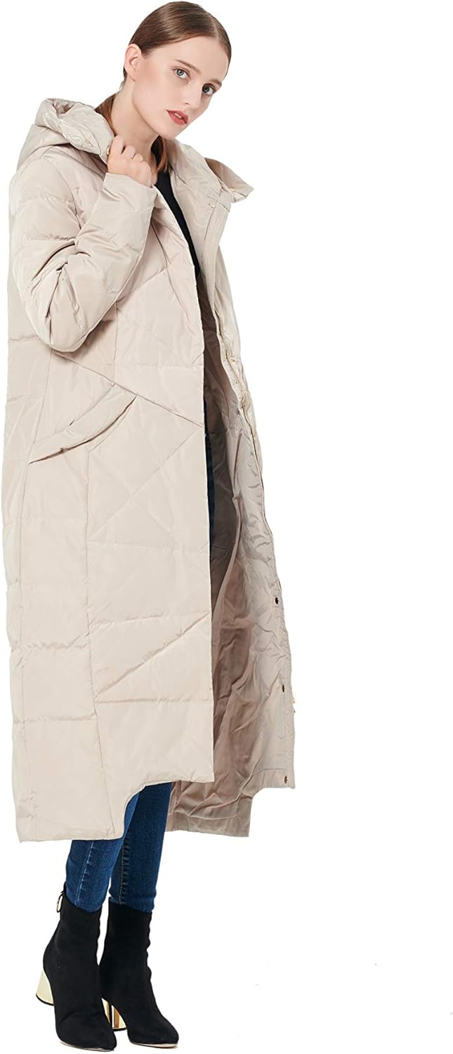 Women’s beige long puffer down coat with hood, angled side view, quilted insulation