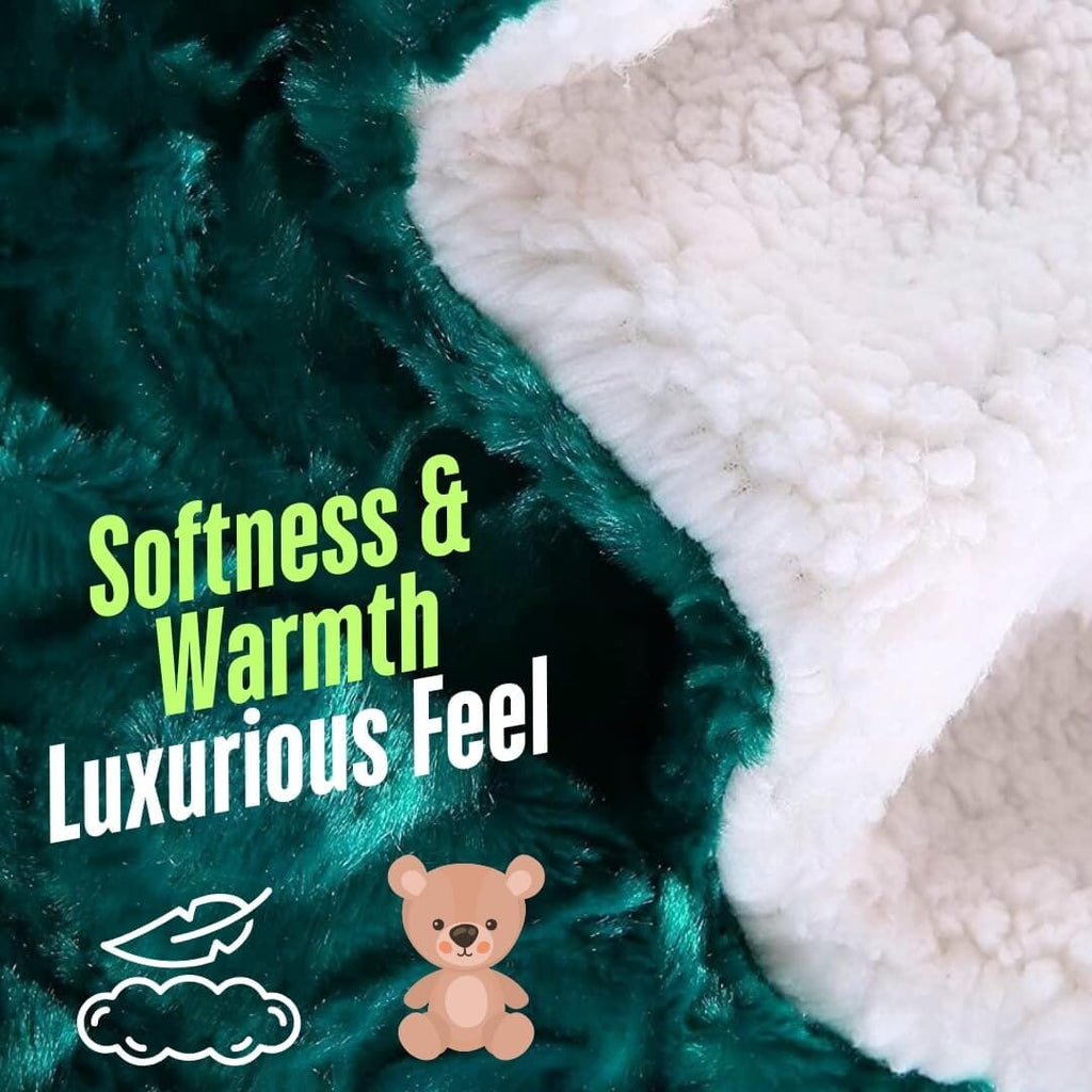Close-up of dark teal faux fur and soft white sherpa backing on a throw blanket