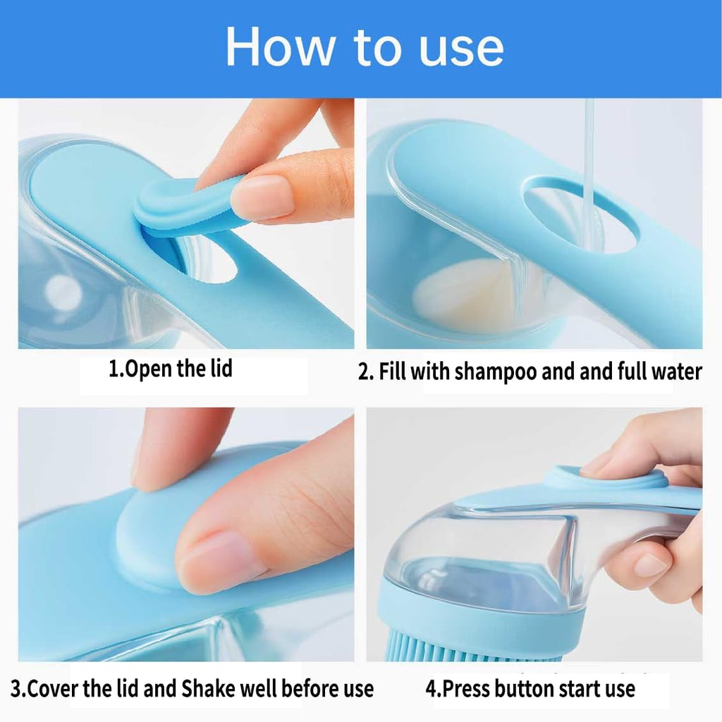 Blue pet bath brush with lid and refill reservoir, showing pump and button area