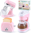 Kids kitchen appliance set with pink-and-white mixer, coffee maker, and toaster