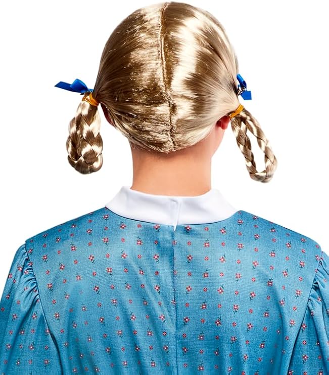 Back of blonde braided ponytail wig with center part and blue ribbon ties