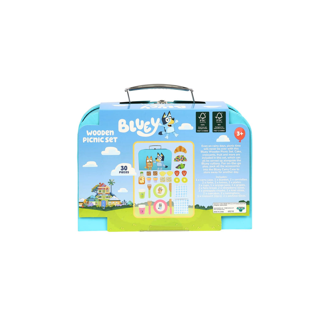 Bluey wooden picnic set gift box, back view with 30-piece panel and warnings