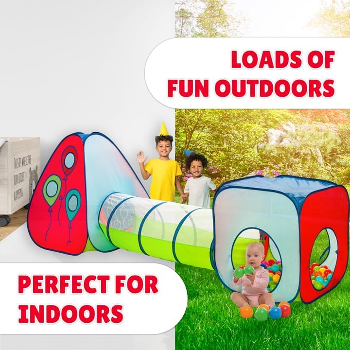 Outdoor toddler play tent set with tunnel and ball pit, red/blue fabric and colorful balls