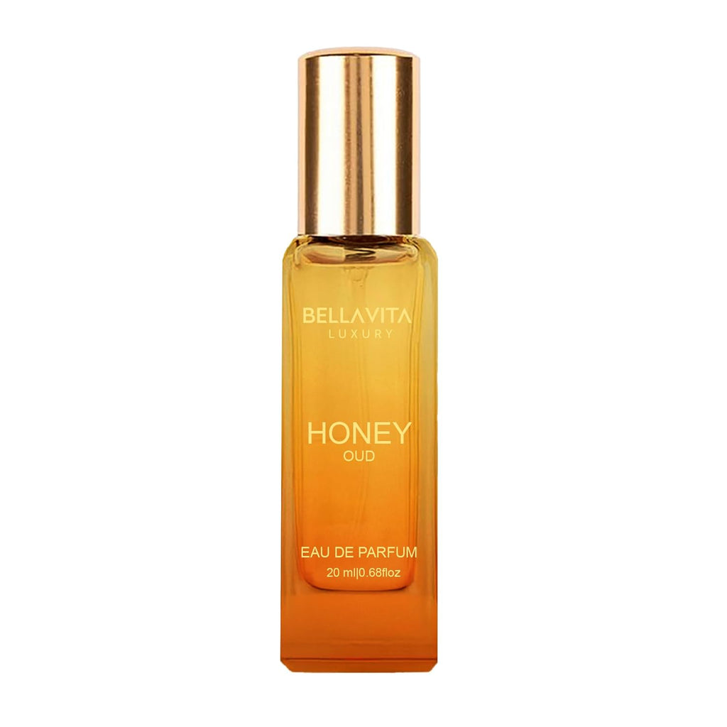 Honey Oud eau de parfum bottle, amber glass with gold cap, 20 ml