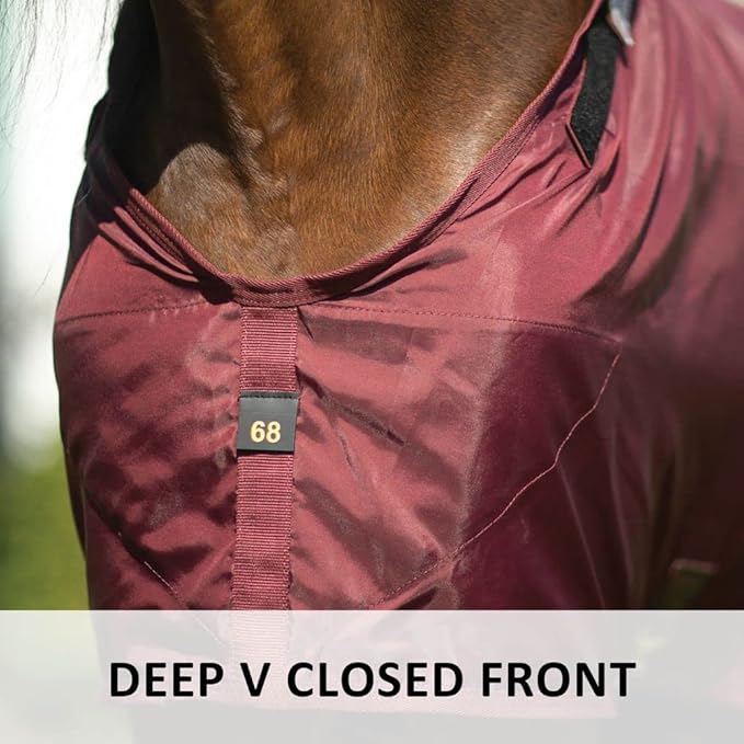Maroon stable sheet front panel with deep V closed opening and fastening strap.