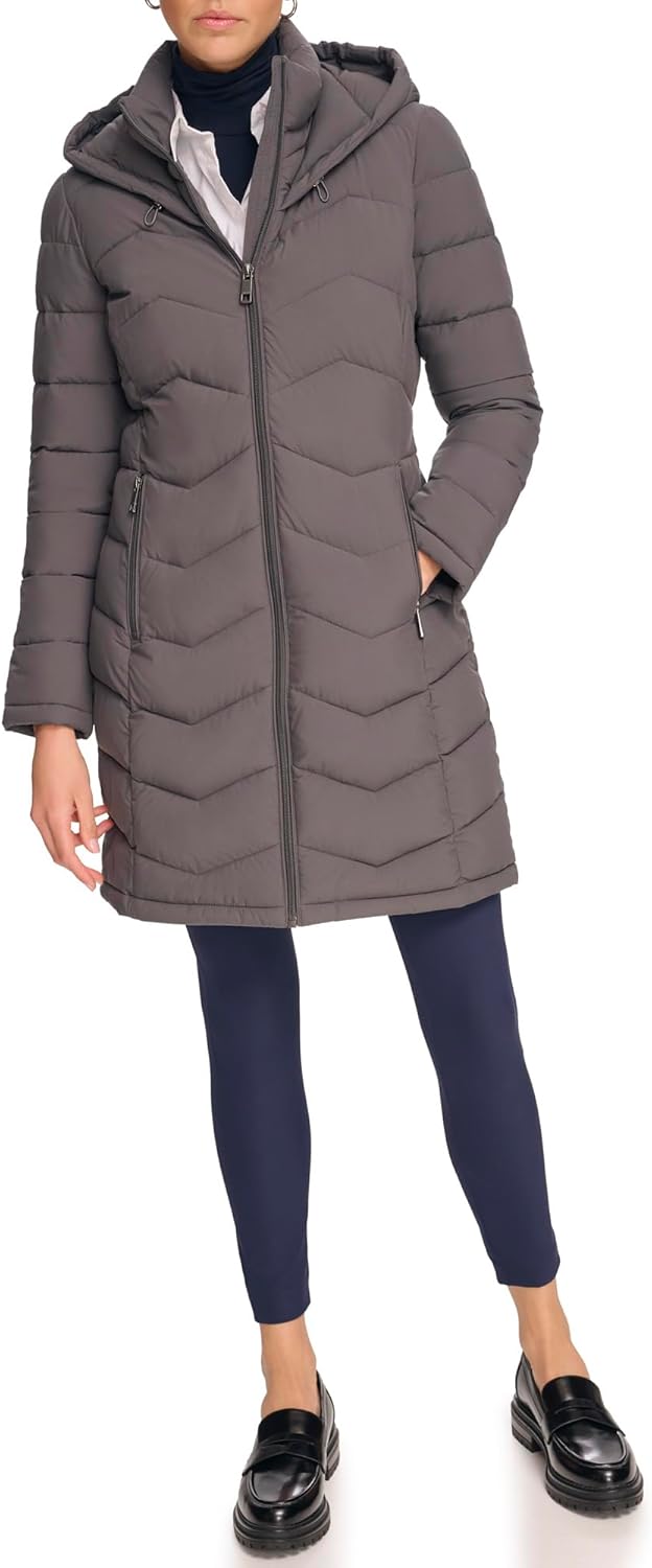 Women’s charcoal-gray long puffer jacket with hood and zip-front closure