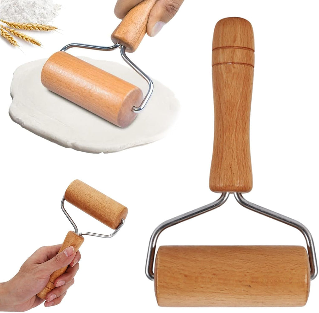 Wooden tortilla dough rolling pin with U-shaped metal frame and grip handle