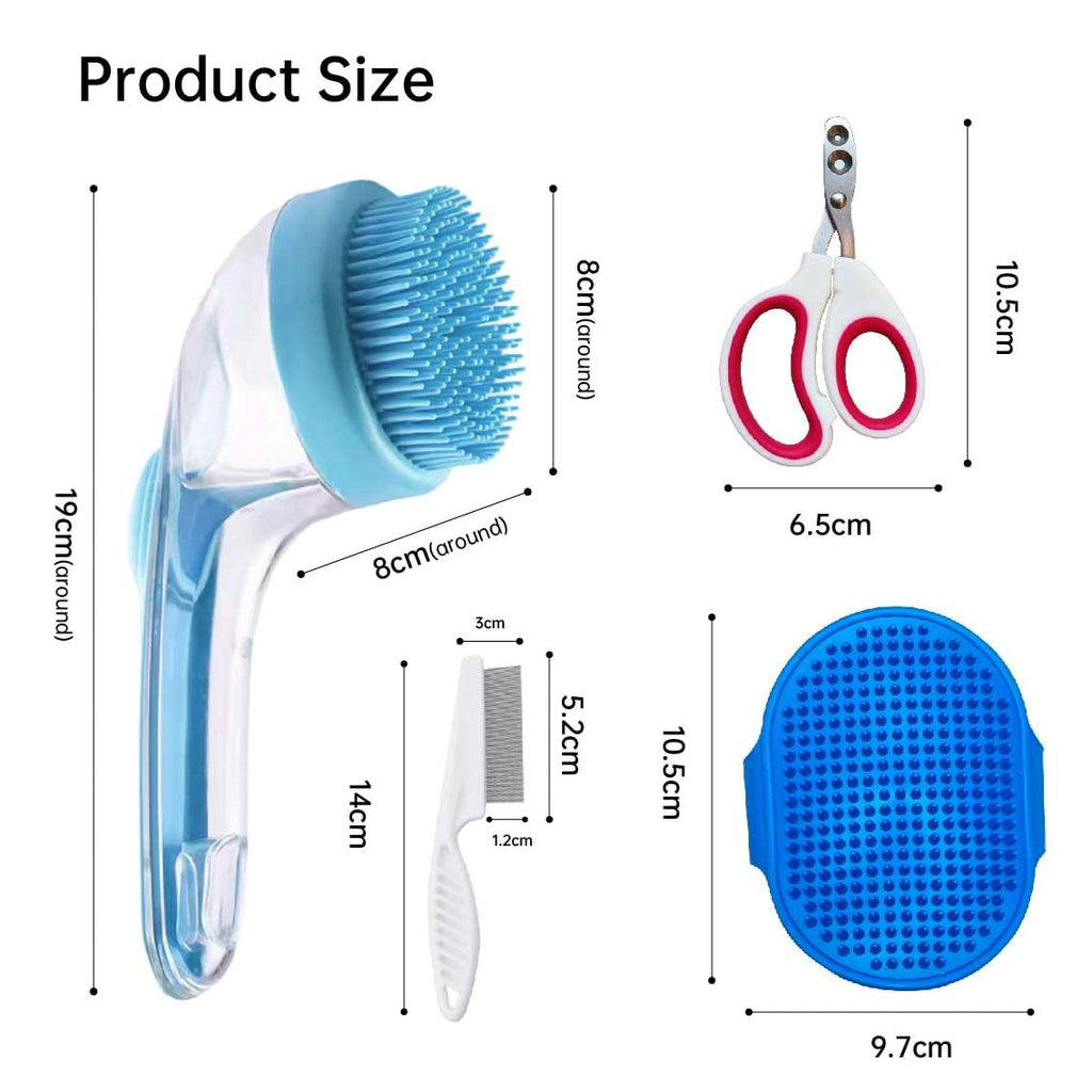 Pet grooming kit size chart showing blue bath brush, comb, nail clippers, and pad