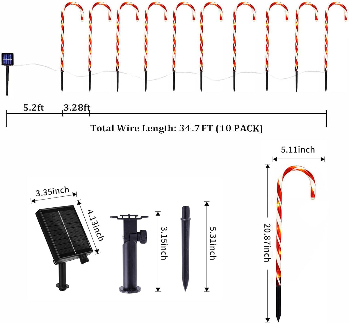 Candy cane solar lights kit with solar panel, ground stakes, and red-white candy cane bulbs