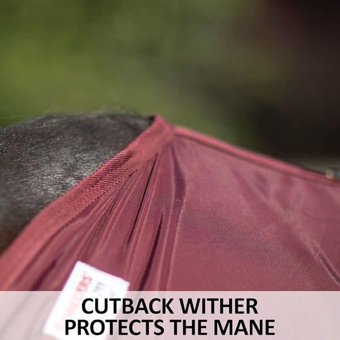 Horse stable sheet in maroon with stitched roof seam and front panel detail