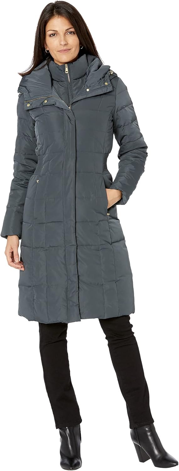 Charcoal long hooded puffer coat, quilted panels, front zipper, side pockets.