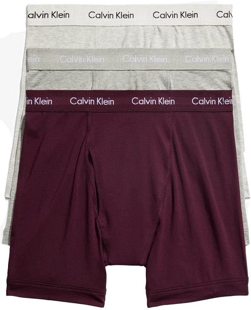 Men's Calvin Klein cotton stretch boxer briefs, heather gray and burgundy 3-pack with logo waistband