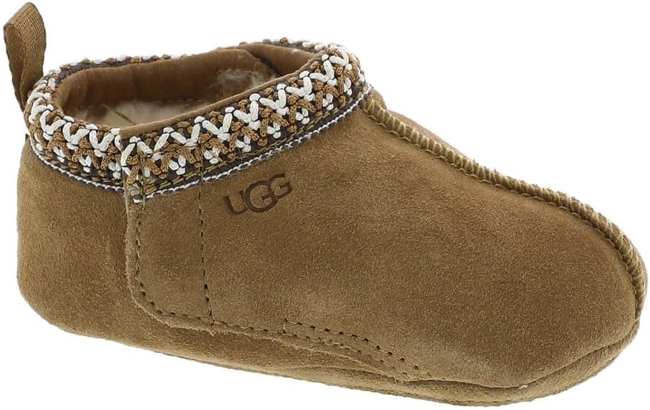 Chestnut baby Tasman beanie slipper angled front view with braided knit trim around collar