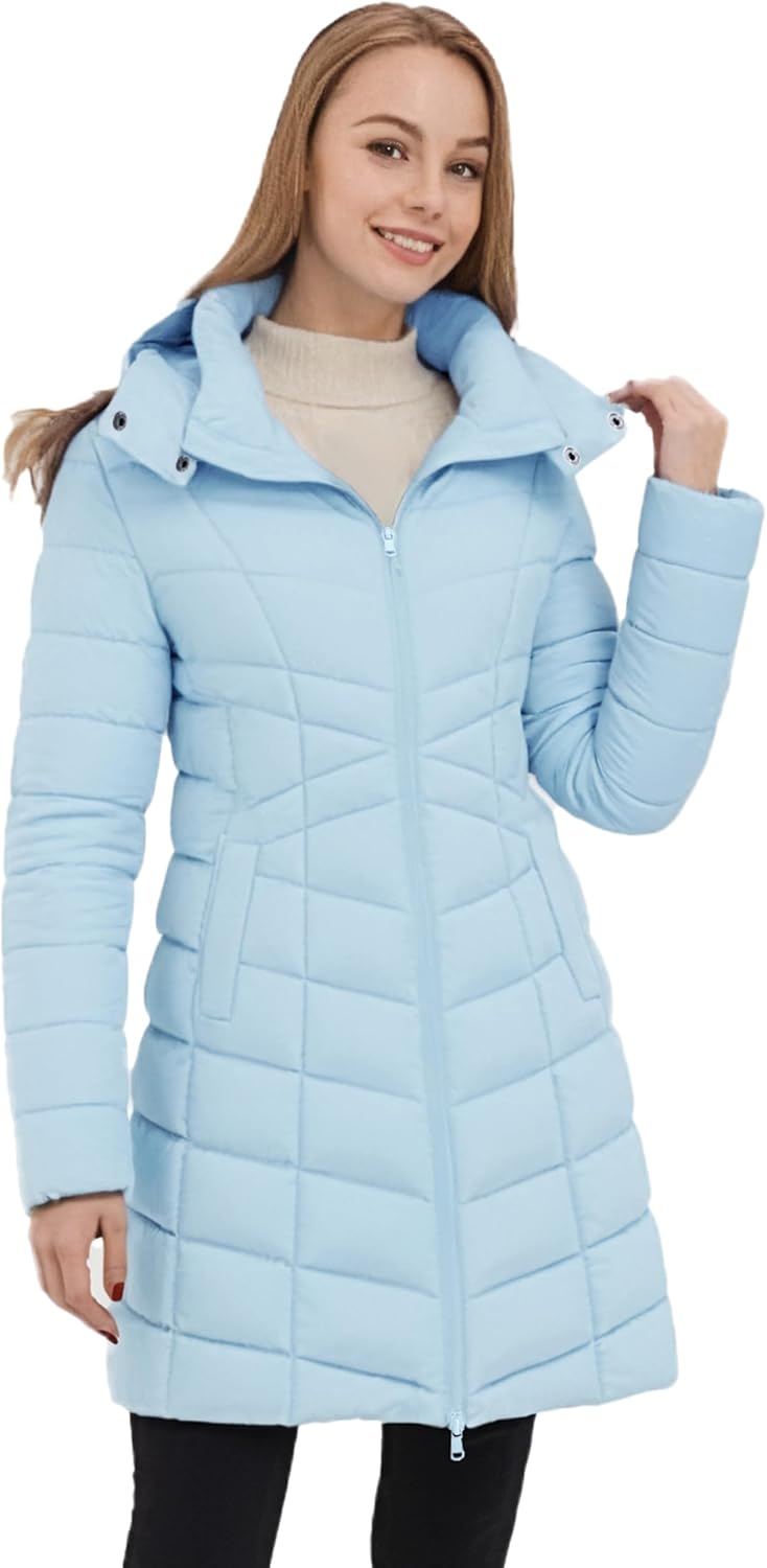 Light blue women’s hooded puffer jacket with front zipper and quilted paneling