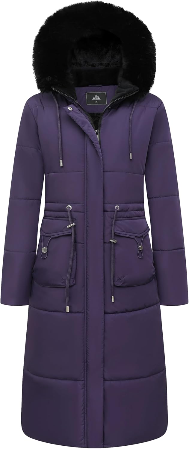 Deep purple long puffer coat with faux fur hood, zipper front, drawstring waist pockets