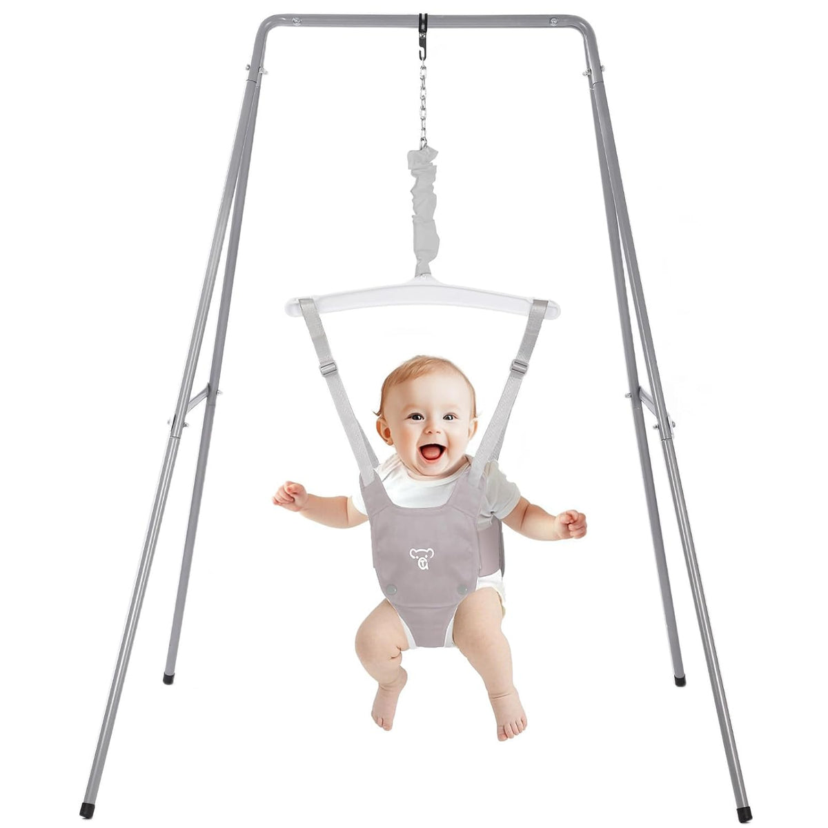 Grey baby jumper with stand, hanging frame and seat harness for 6–24 months
