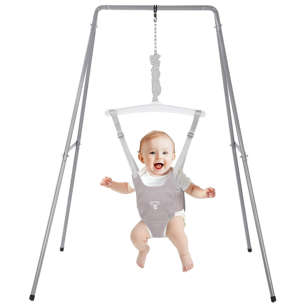Grey baby jumper with stand, hanging frame and seat harness for 6–24 months